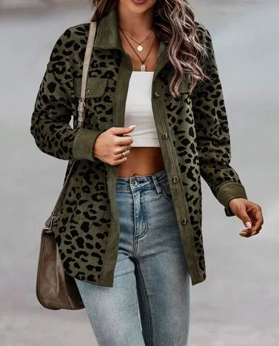 Women's Casual Leopard Printing Single Breasted Coat Jacket