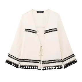 Women's Casual Streetwear Stripe Printing Tassel Tie Coat Jacket