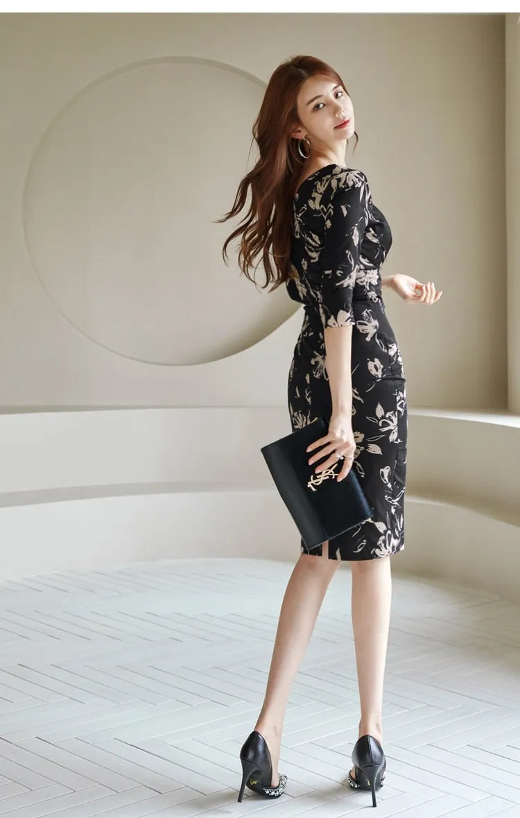 Women's Office Casual Knee-length Floral Print Non-Strech Dress