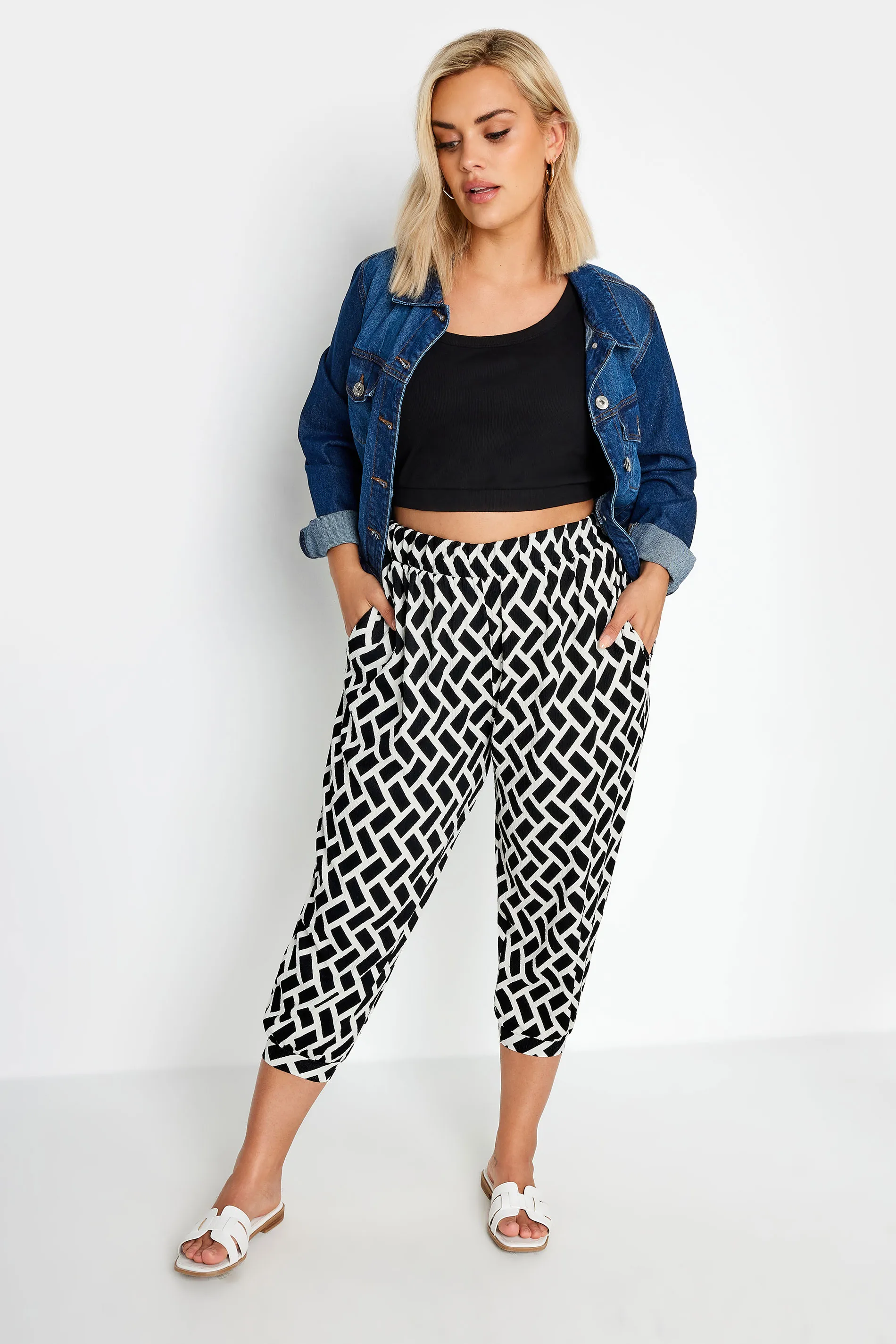 YOURS Curve Black Geometric Print Textured Cropped Harem Trousers