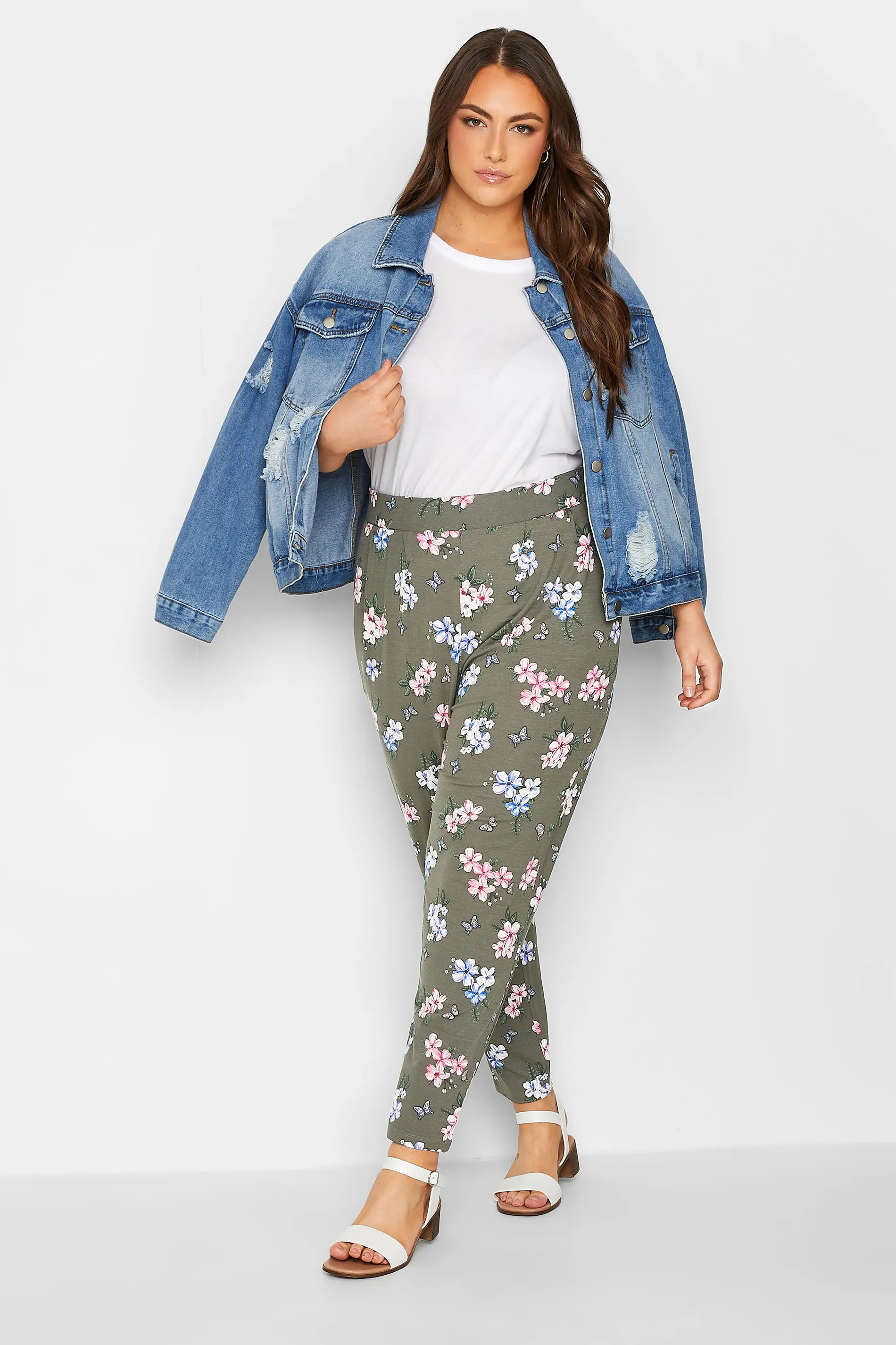 YOURS Curve Khaki Green Butterfly Print Harem Trousers