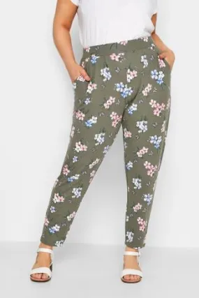 YOURS Curve Khaki Green Butterfly Print Harem Trousers